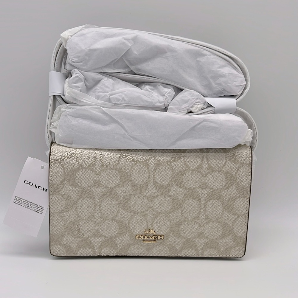 Coach Anna Foldover Clutch Crossbody Bag In Signature Canvas IM Champagne Multi